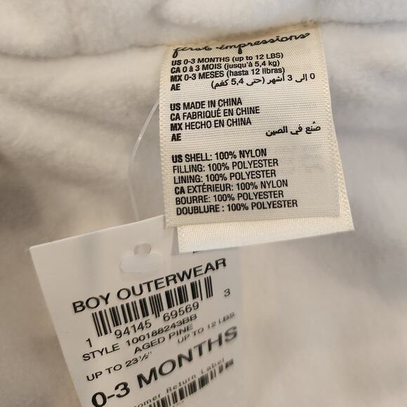 NWT First Impressions Baby Boy Hooded Fleece Lined Jacket Coat 0-3 Months - Picture 6 of 6
